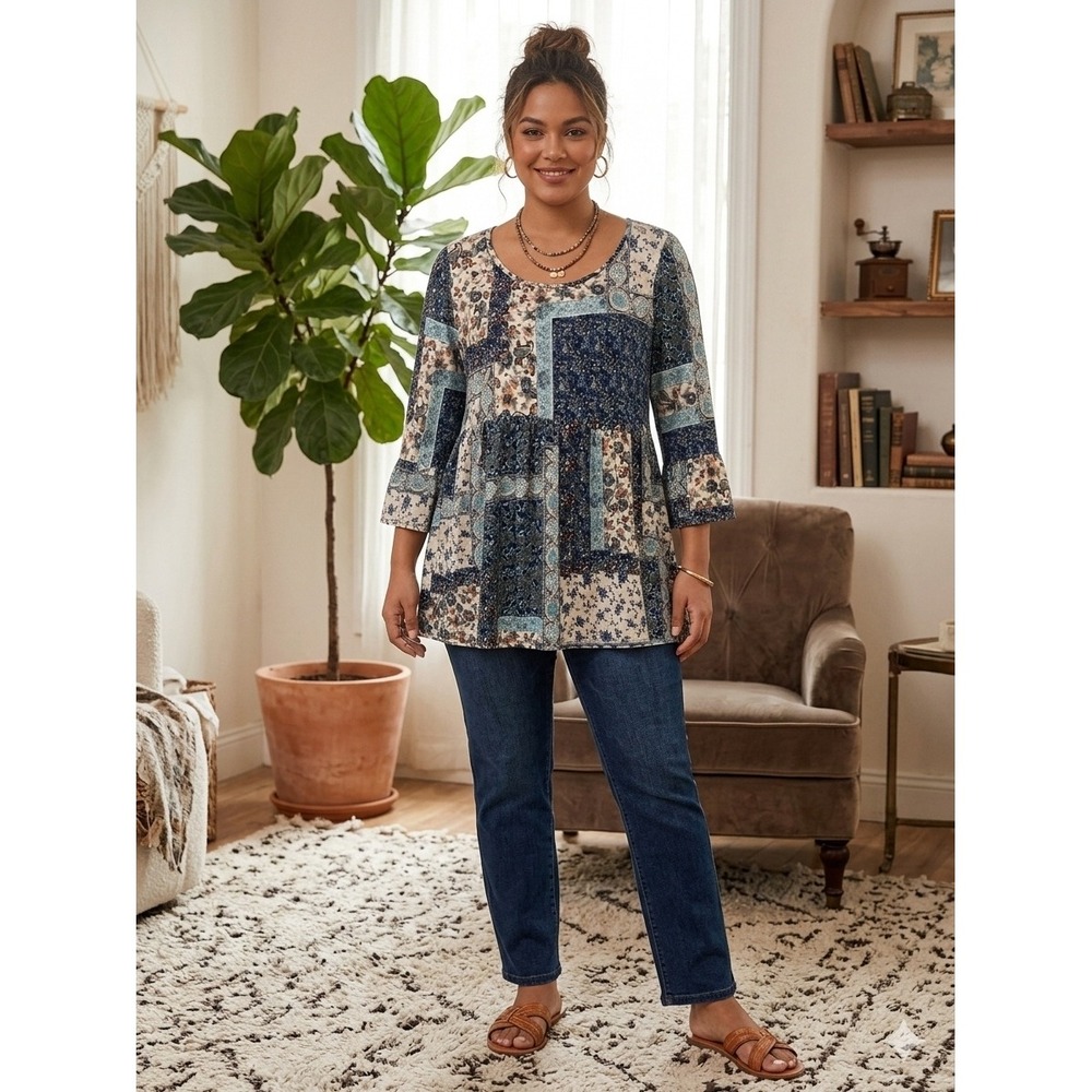 Andree by Unit Womens Patchwork Floral Paisley Babydoll Tunic Top Blue Large